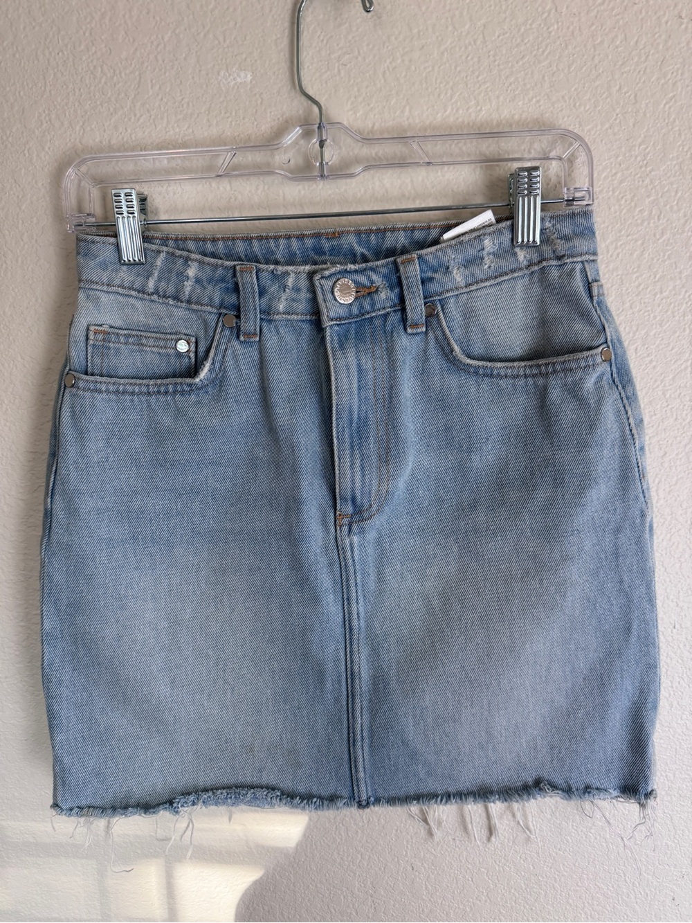 H&M Light Blue Distressed Denim Mini Skirt with Raw Hem Size 6